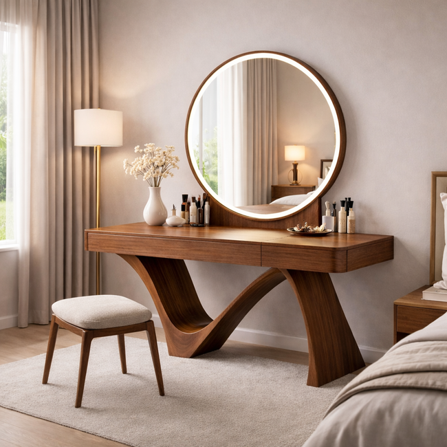 Modern Solid Wood Vanity Table with Round Mirror | Sculptural Dressing Table Set Hover Image