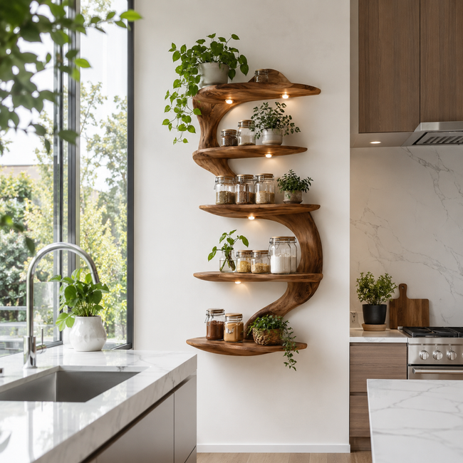 Branch Wood Kitchen Shelf – Solid Wood Wall Mounted Display Shelf for Kitchen Decor Hover Image