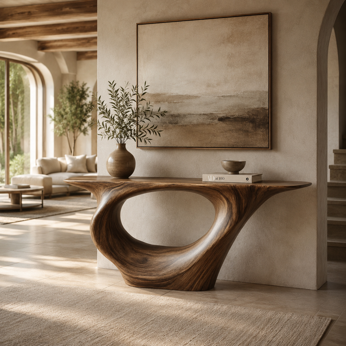 Sculptural Console Table – Solid Wood Entryway Table with Round Mirror