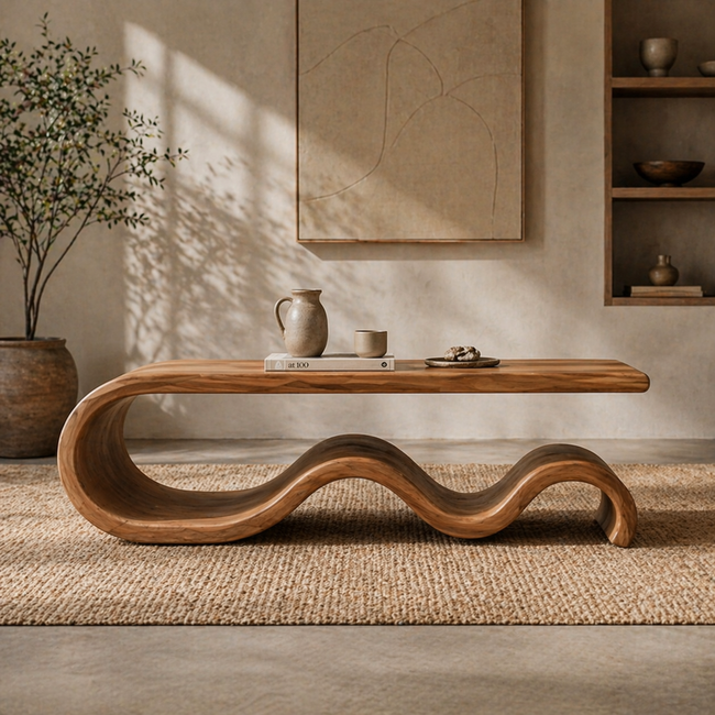 Sculptural Coffee Table – Solid Wood Modern Table for Living Room Decor Hover Image