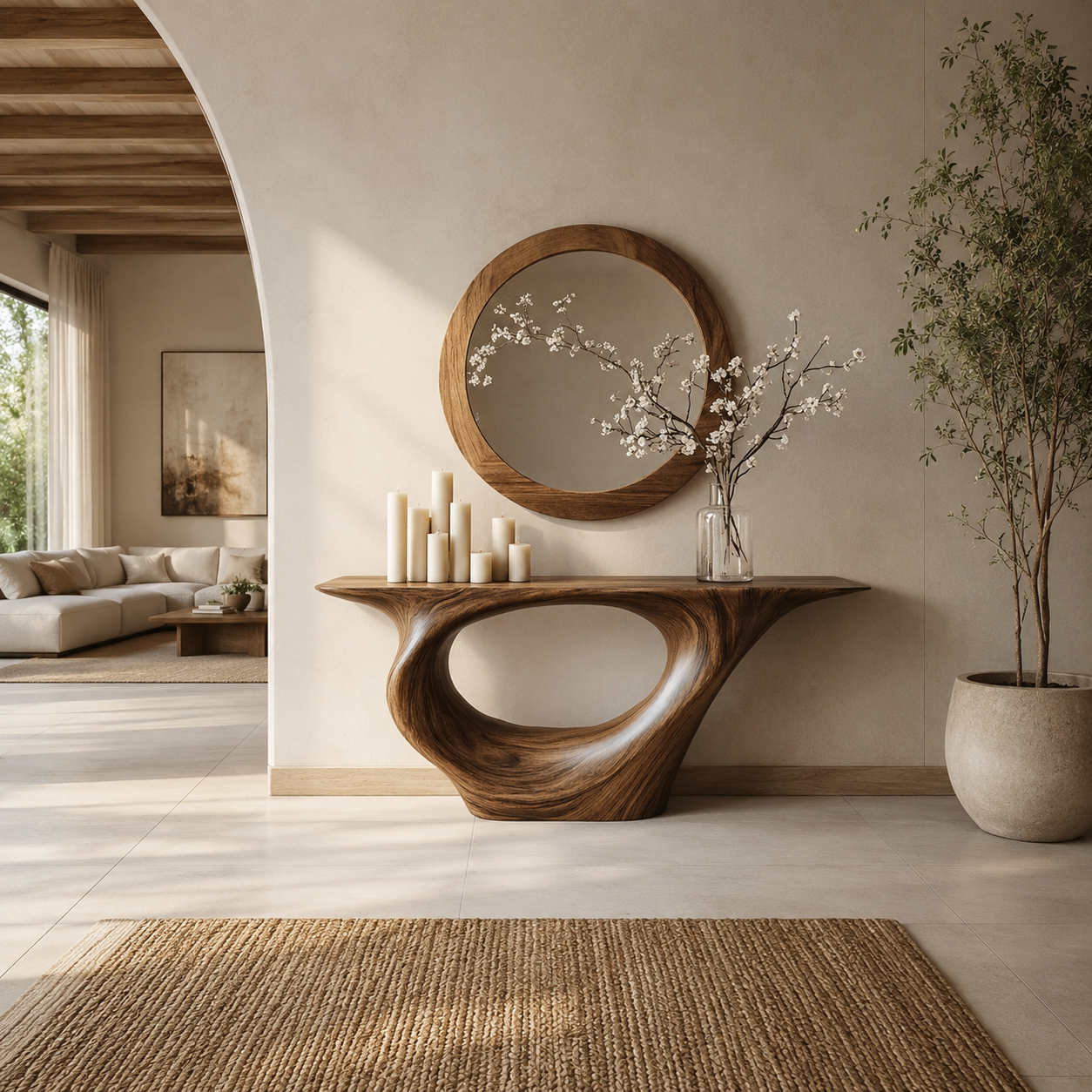 Sculptural Console Table – Solid Wood Entryway Table with Round Mirror