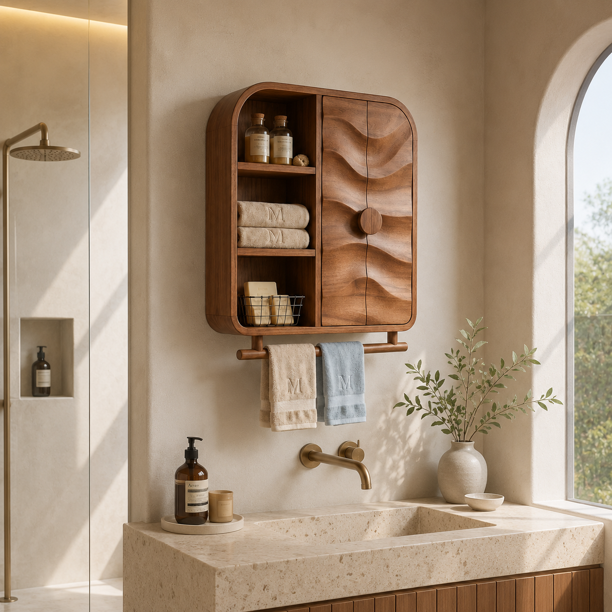 Carved Wood Bathroom Cabinet – Solid Wood Wall Mounted Storage Cabinet with Towel Bar for Bathroom Decor