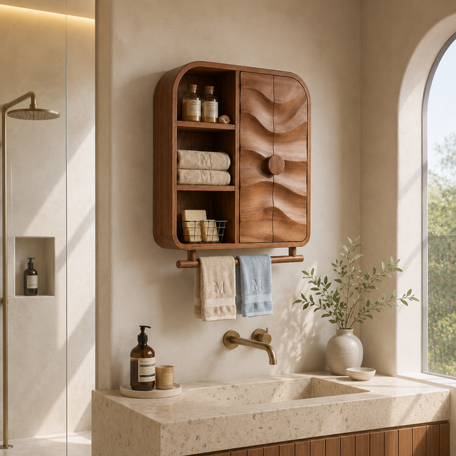 Carved Wood Bathroom Cabinet – Solid Wood Wall Mounted Storage Cabinet with Towel Bar for Bathroom Decor Hover Image