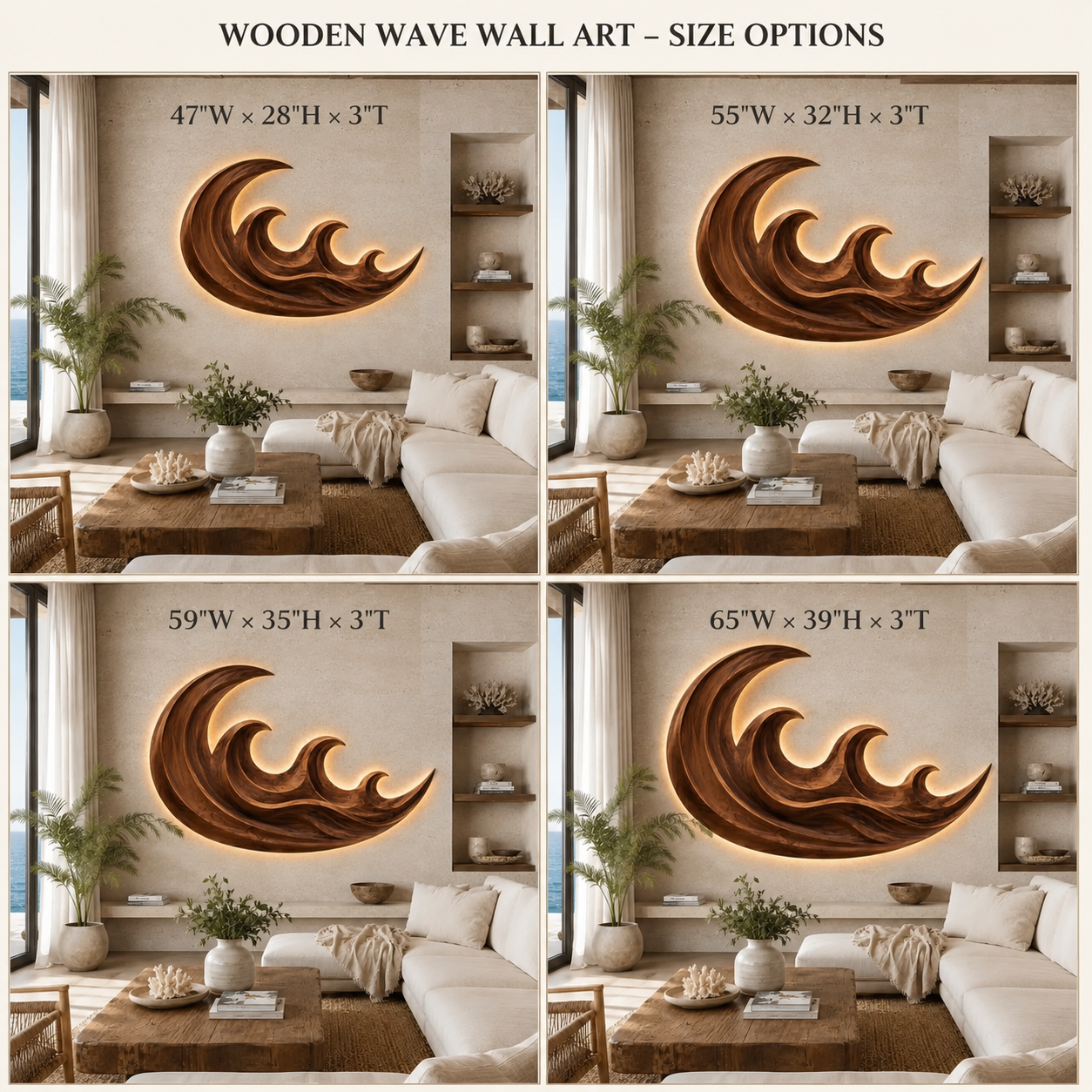 Wave Wood Wall Art – Solid Wood Backlit Wall Decor for Bedroom Decor