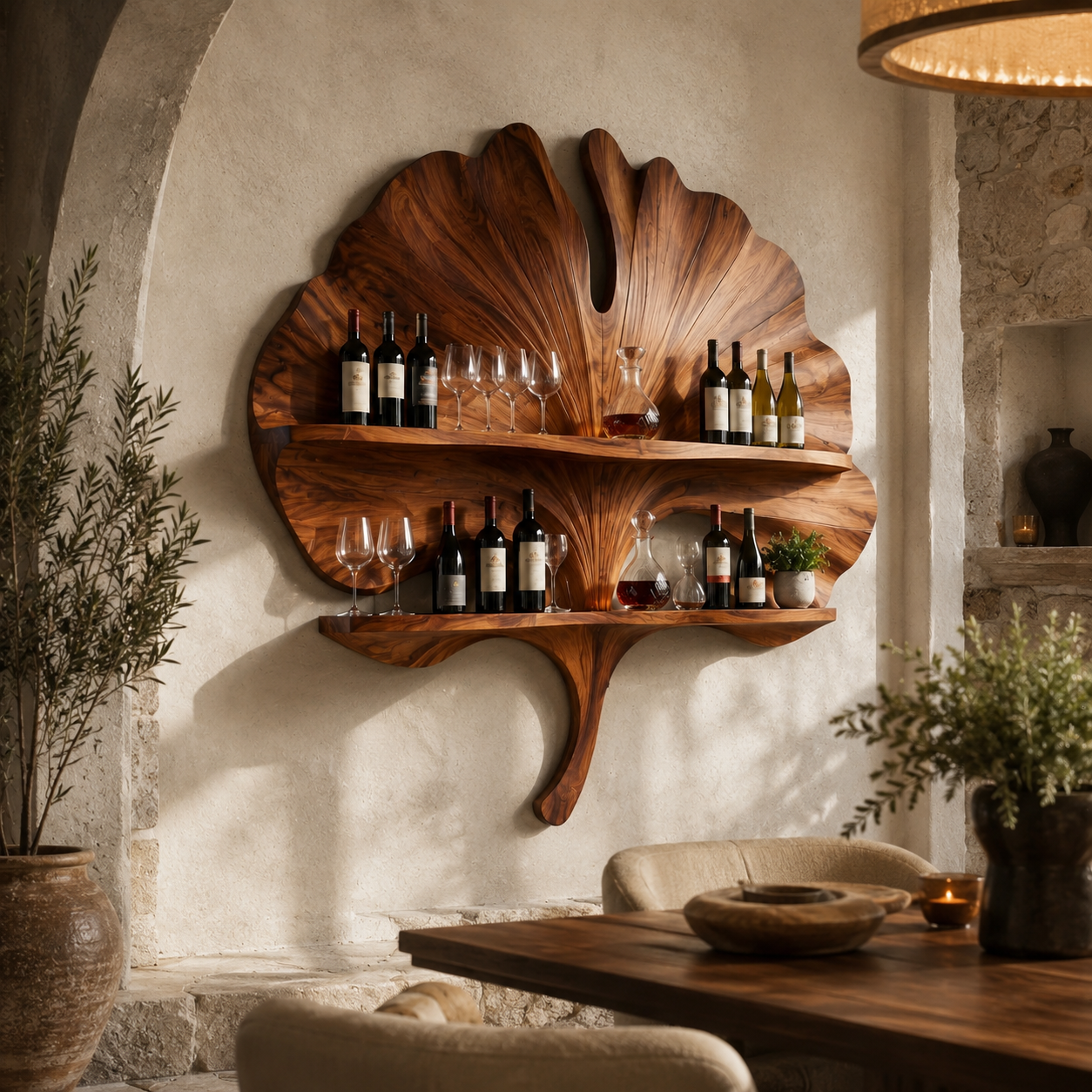 Ginkgo Leaf Wood Wall Shelf – Solid Wood Wine Display Shelf for Dining Room Decor