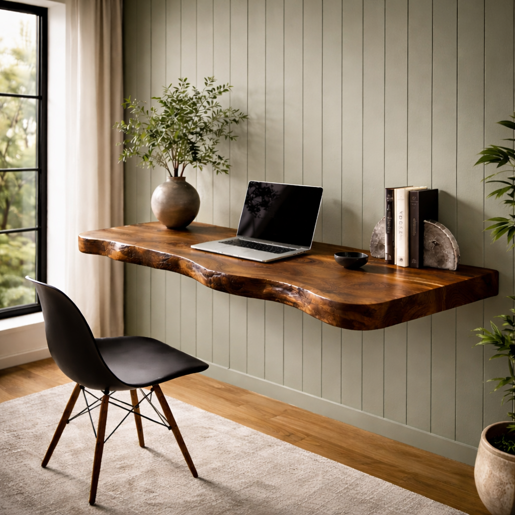 Live Edge Floating Desk – Solid Wood Wall-Mounted Desk for Home Office Decor