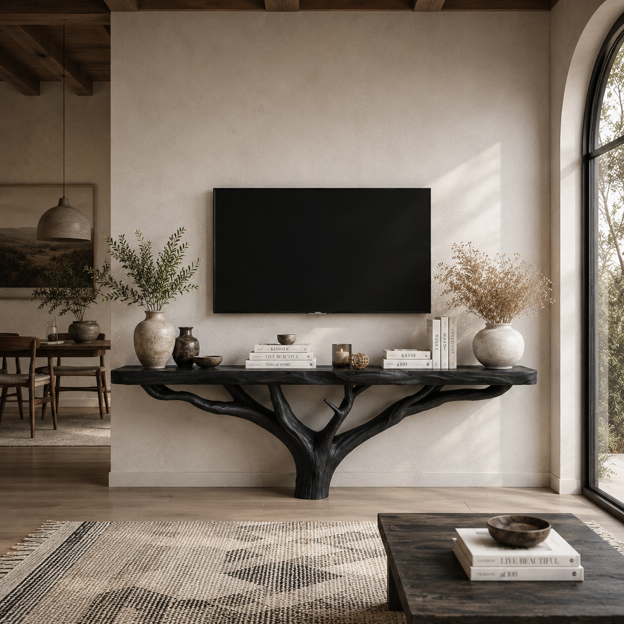 Tree Branch TV Stand – Solid Wood Floating Console for Rustic Living Room Decor