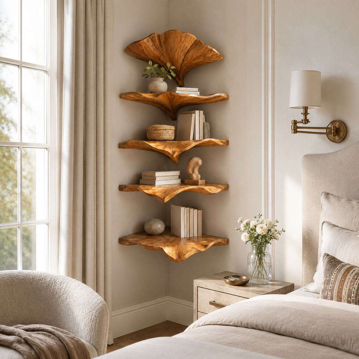 Ginkgo Leaf Wood Wall Shelf – Solid Wood Floating Display Shelf for Living Room Decor