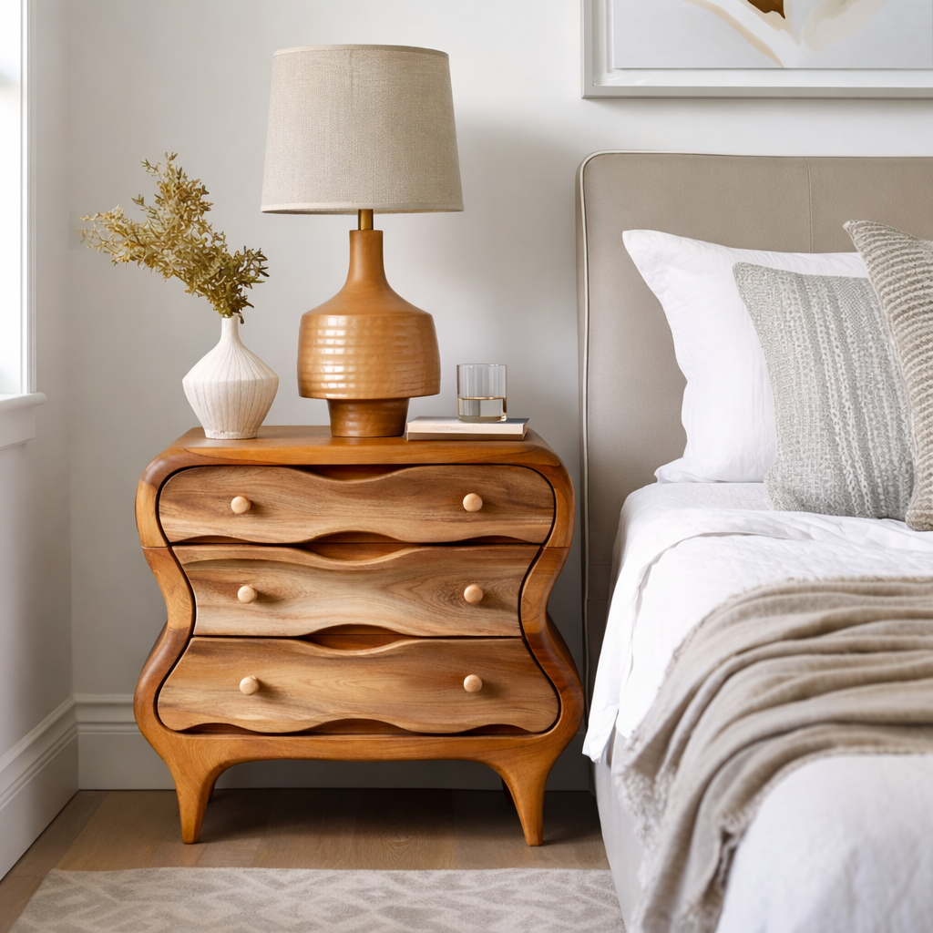 Organic Sculpted Wooden Nightstand with Drawers – Modern Bedside Table