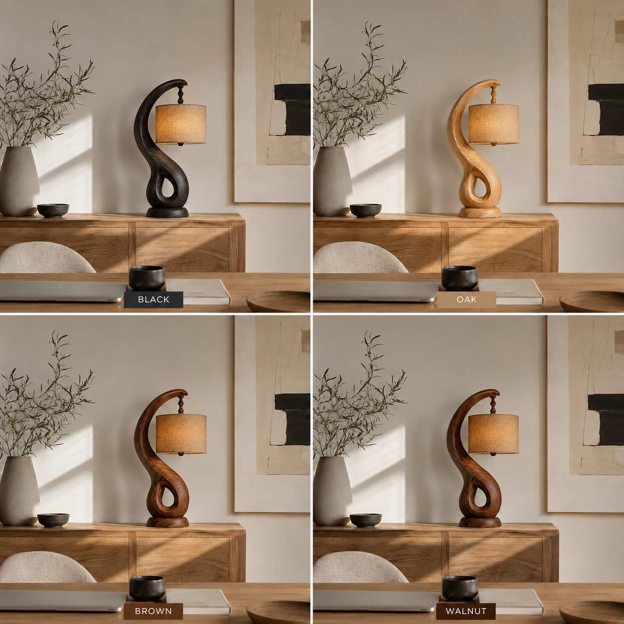 Sculptural Wood Table Lamp – Solid Wood Bedside Lamp for Living Room Decor