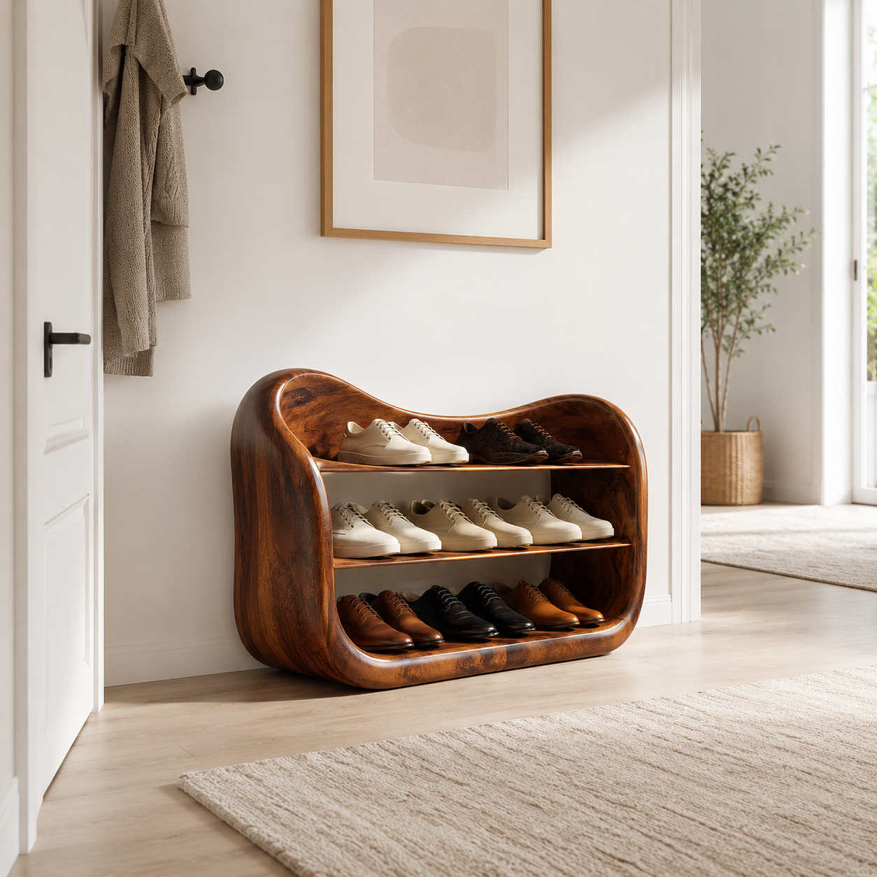 Curved Wood Shoe Rack – Solid Wood Entryway Shoe Storage Shelf for Home Decor
