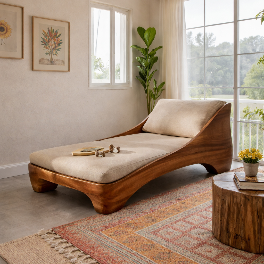 Curved Solid Wood Chaise Lounge with Cushion – Modern Lounger