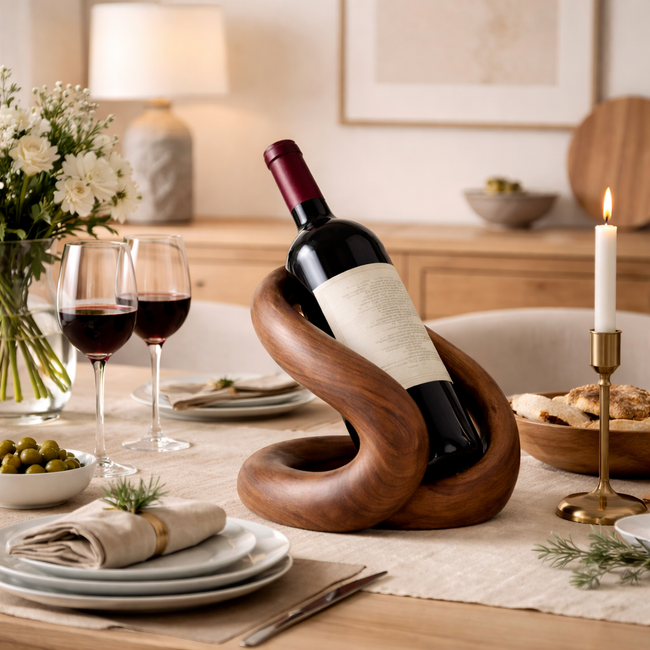 Sculptural Solid Wood Wine Holder | Hand-Carved Curved Bottle Stand Hover Image