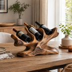 Sculptural Wood Wine Rack – Solid Wood 3 Bottle Display Stand for Home Bar Decor