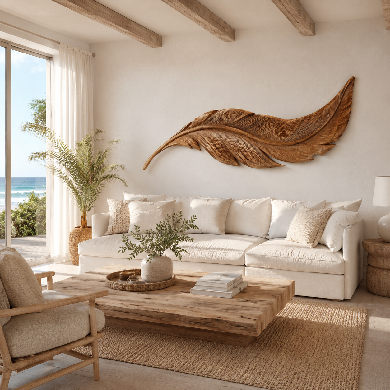 Feather Wood Wall Art – Solid Wood Carved Wall Decor for Bedroom Decor