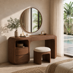 Makeup Vanity Table – Solid Wood Vanity with Round Mirror and Stool