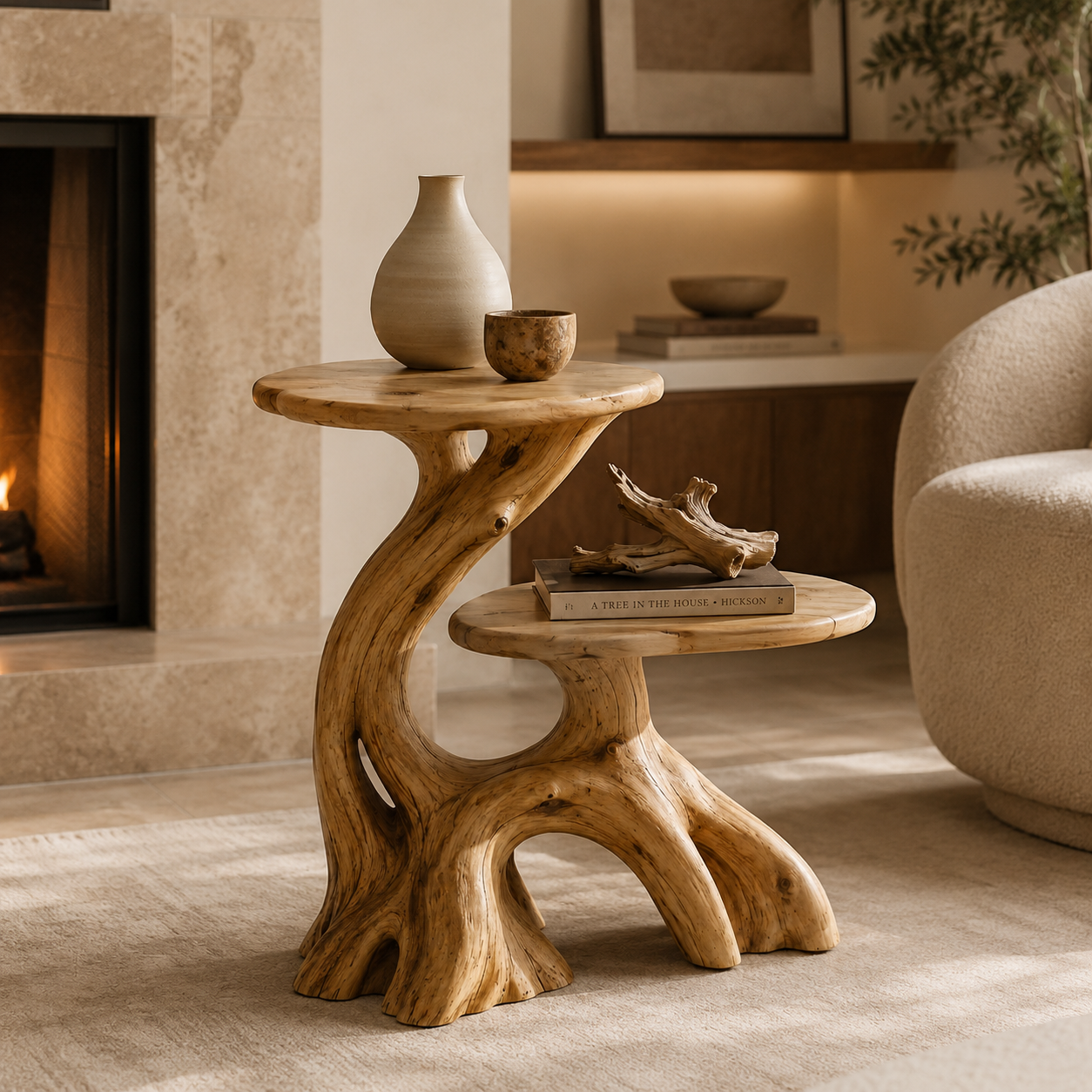 Sculptural Side Table – Solid Wood Accent Table for Living Room