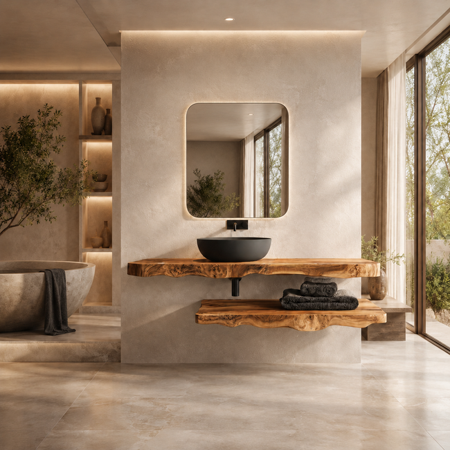 Floating Bathroom Vanity – Live Edge Solid Wood Vanity with Shelf Hover Image