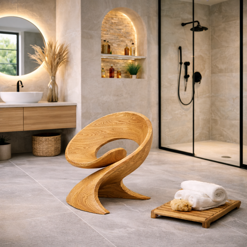 Curved Wooden Shower Chair with Storage – Modern Bathroom Seat