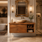 Wave Carved Wood Bathroom Vanity – Solid Wood Floating Sink Cabinet with Open Storage for Bathroom Decor