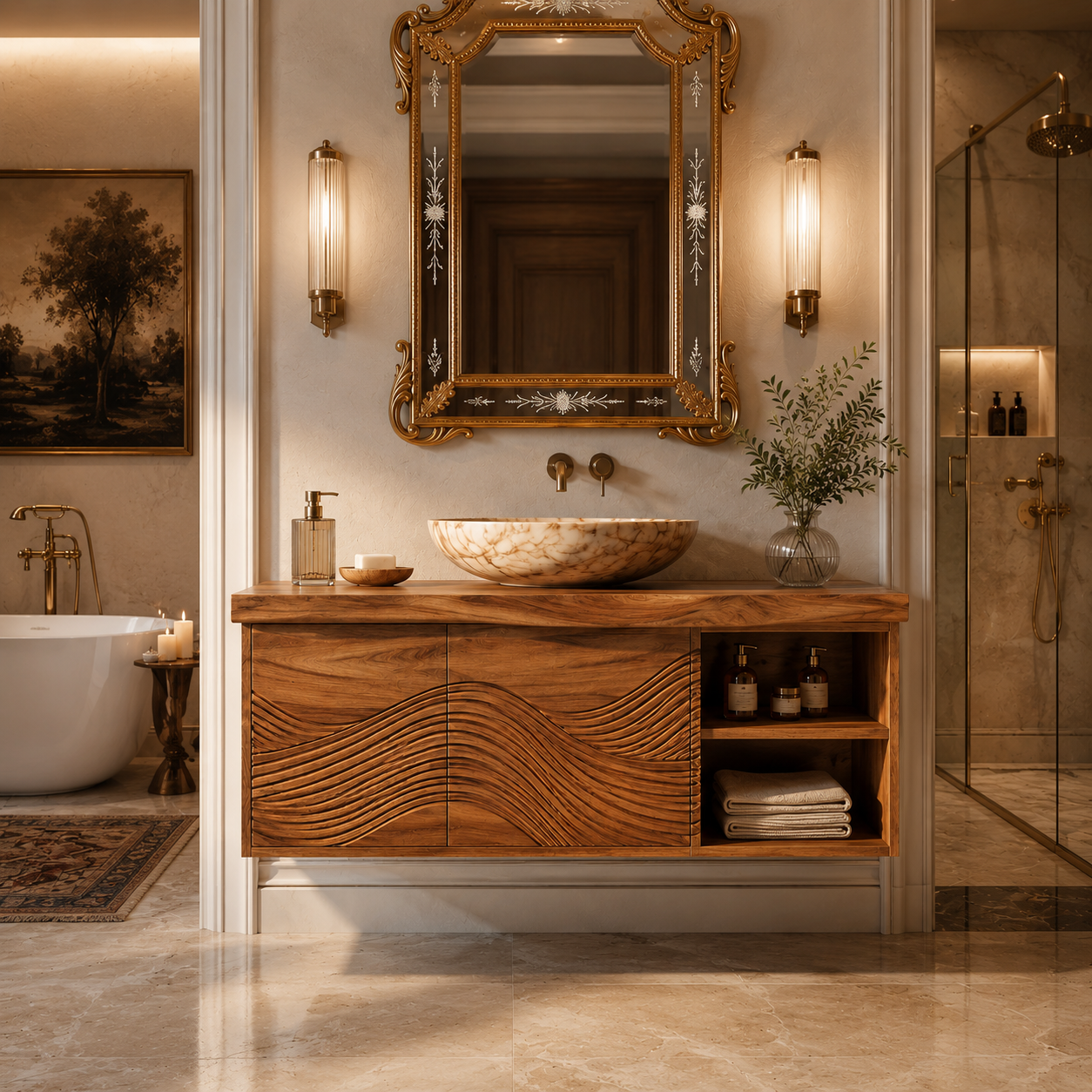 Wave Carved Wood Bathroom Vanity – Solid Wood Floating Sink Cabinet with Open Storage for Bathroom Decor