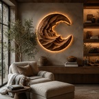 Round Wave Wood Wall Art – Solid Wood Backlit Wall Sculpture for Bedroom Decor
