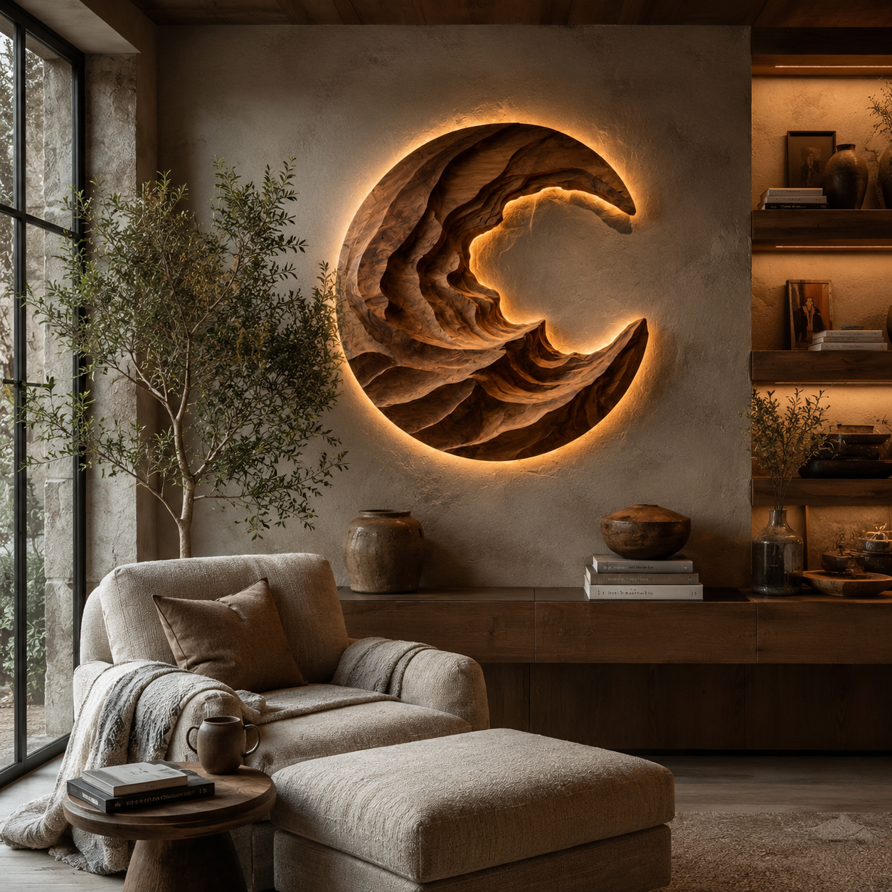 Round Wave Wood Wall Art – Solid Wood Backlit Wall Sculpture for Bedroom Decor