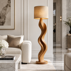 Sculptural Wood Floor Lamp – Solid Wood Standing Lamp with Fabric Shade for Living Room Decor