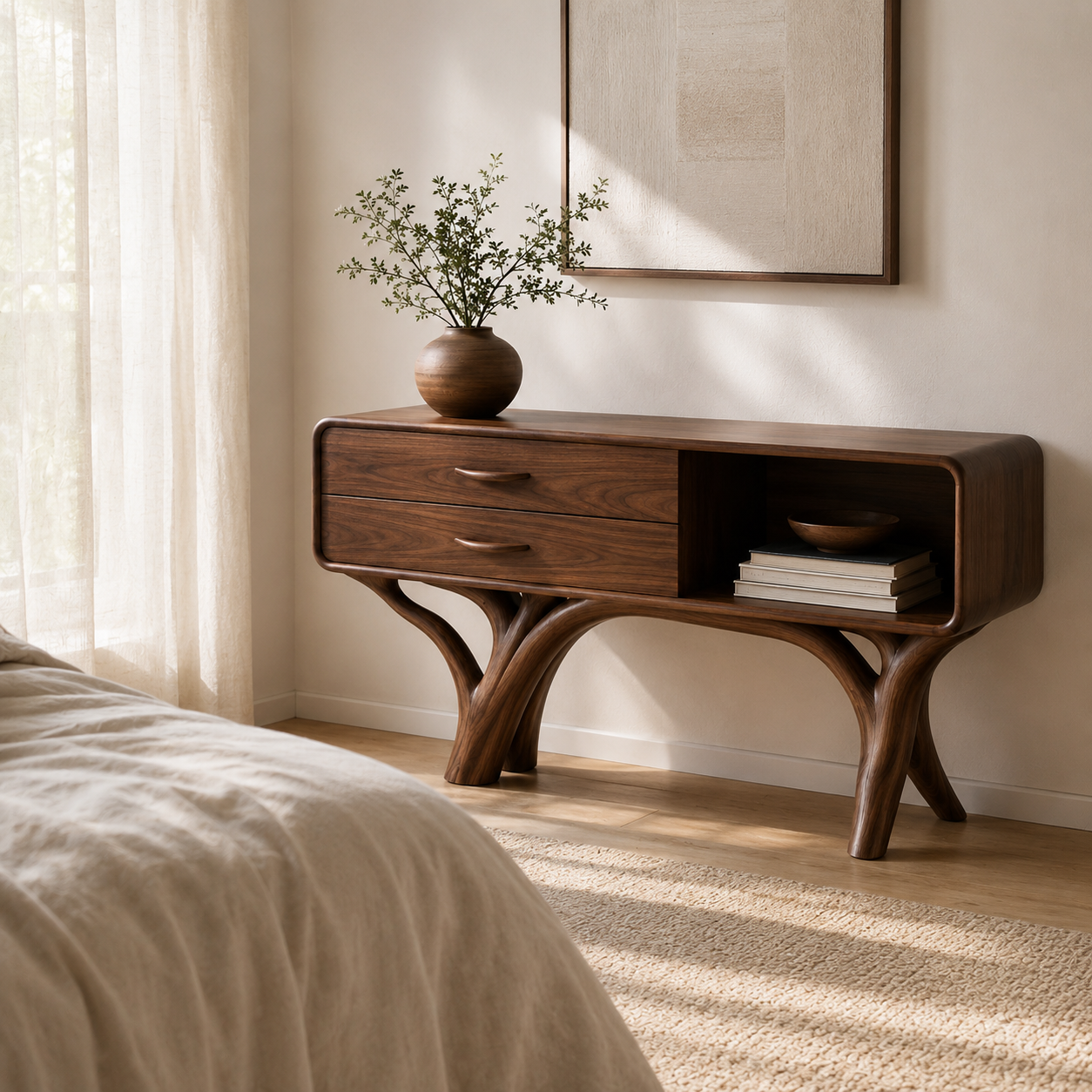 Wood Console Cabinet – Solid Wood Entryway Storage Table with Drawers and Open Shelf