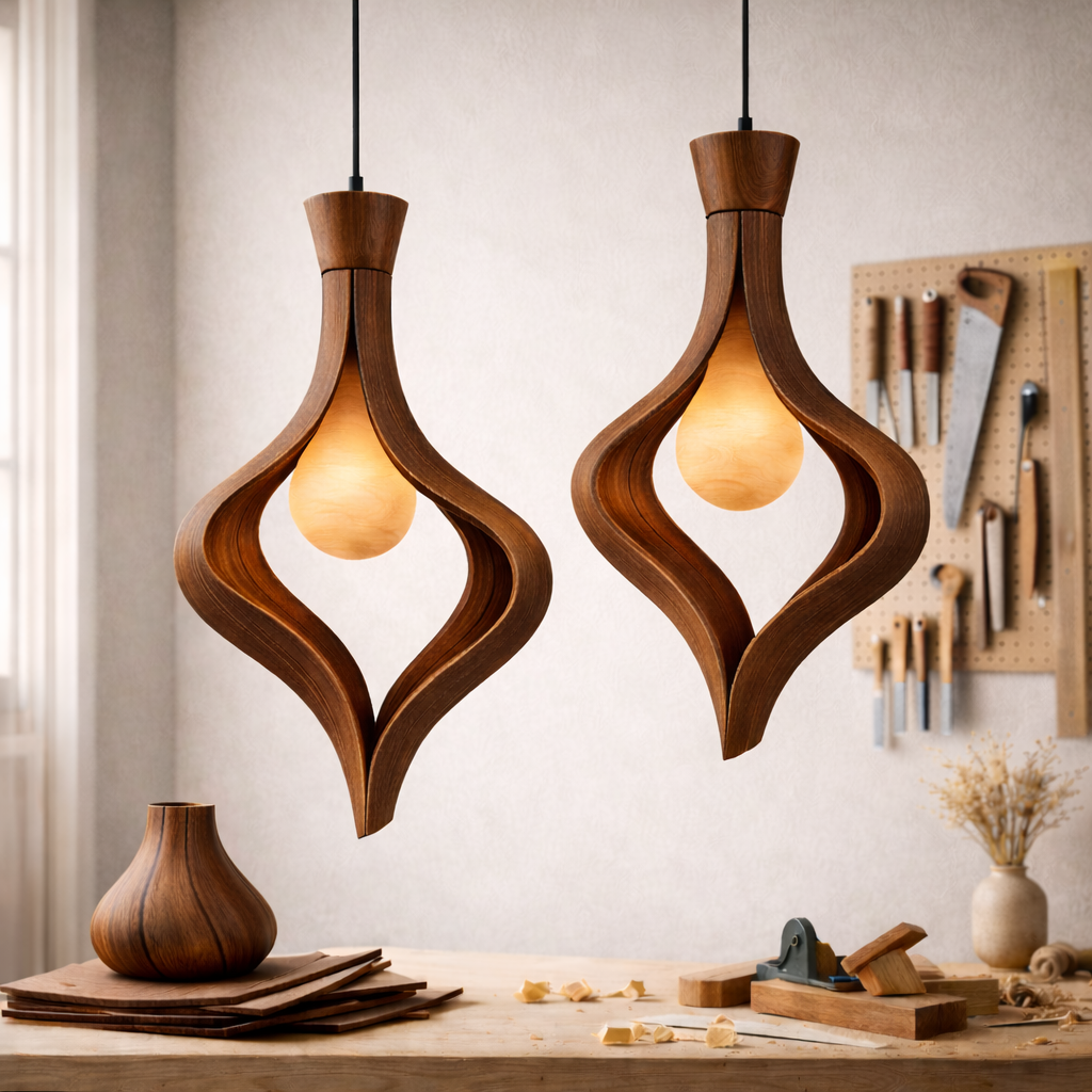 Sculptural Wooden Pendant Light – Organic Hanging Lamp for Modern Interiors
