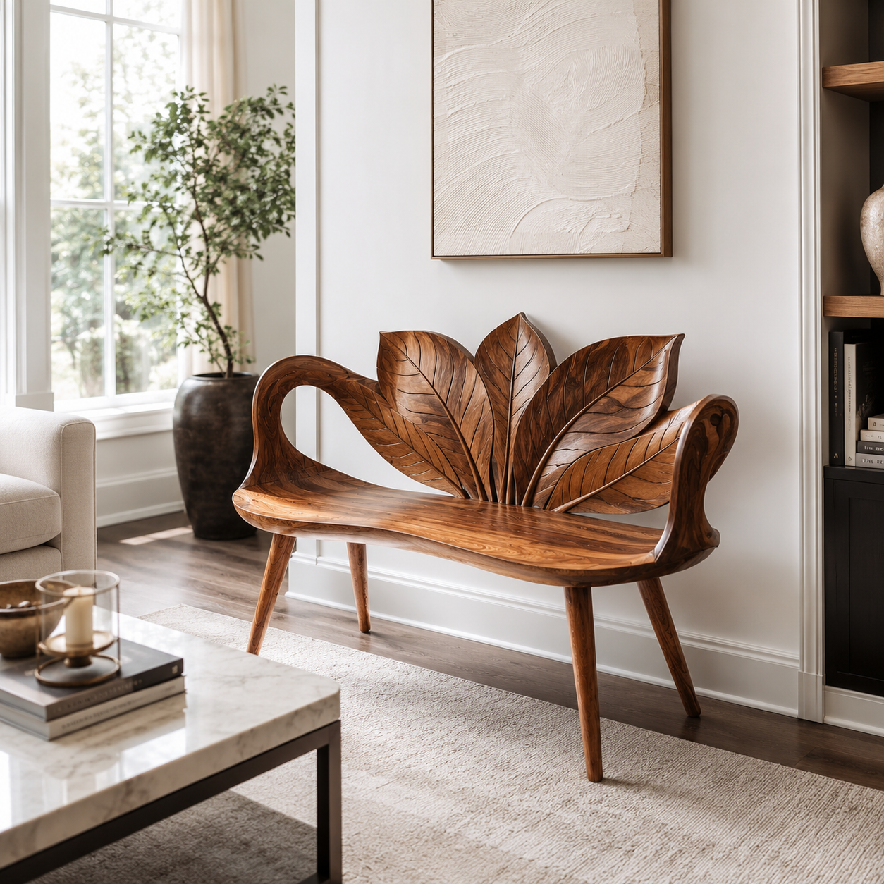 Leaf Back Wood Bench – Solid Wood Entryway Bench with Sculptural Leaf Design for Home Decor