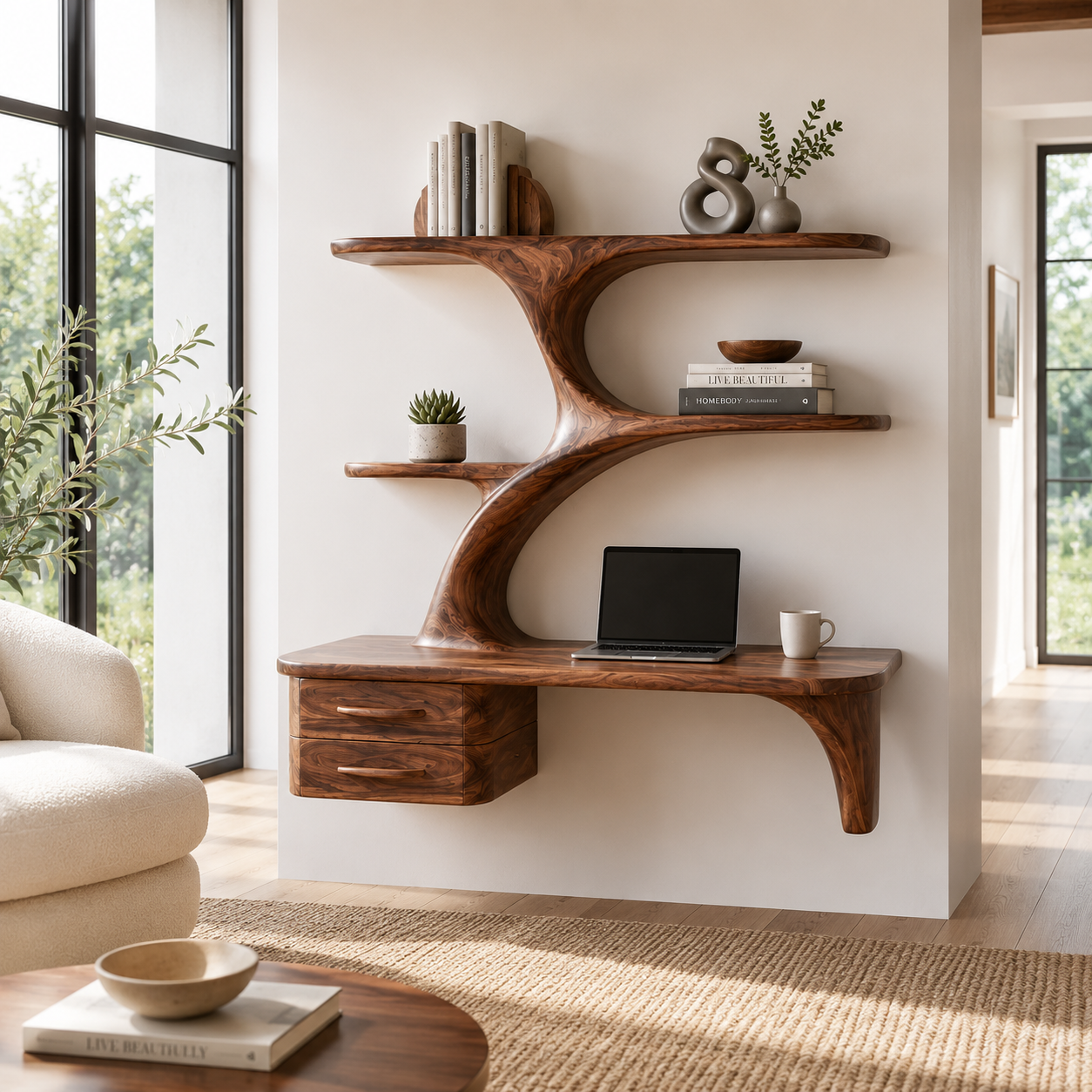Tree Branch Wood Floating Desk – Solid Wood Wall Mounted Computer Desk for Home Office Decor