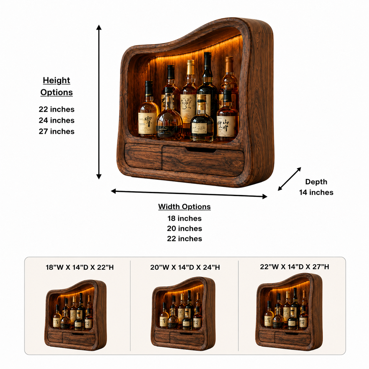 Sculptural Wood Display Cabinet – Solid Wood Lighted Storage Cabinet for Living Room Decor