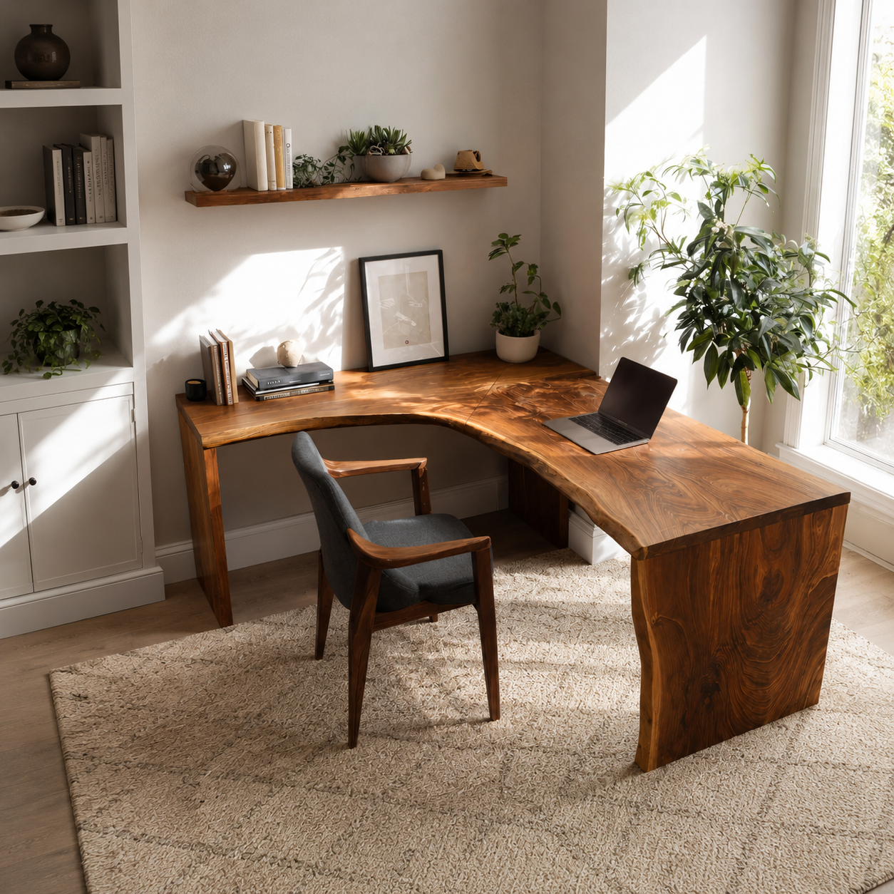Live Edge L-Shaped Wood Desk – Solid Wood Corner Office Desk for Home Office Decor