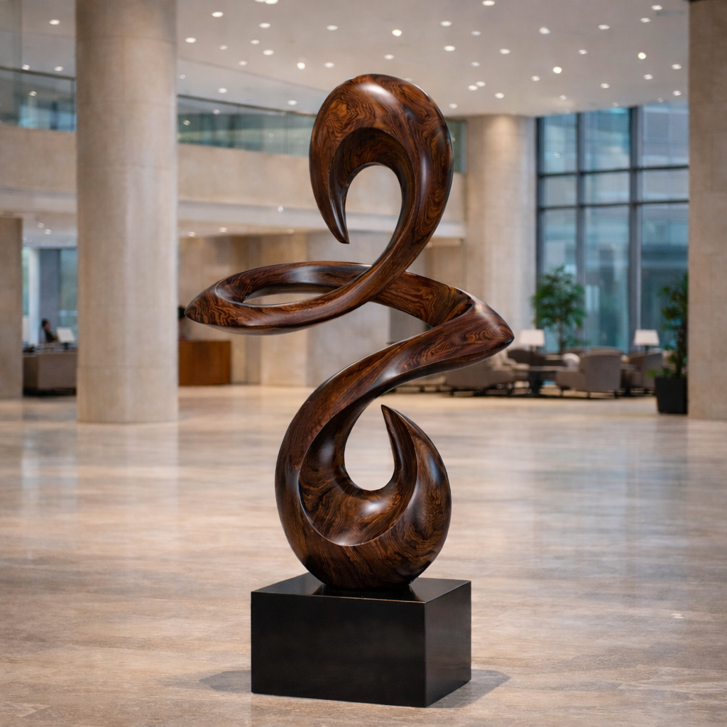 Abstract Wooden Sculpture – Modern Pedestal Art for Interior and Lobby Decor
