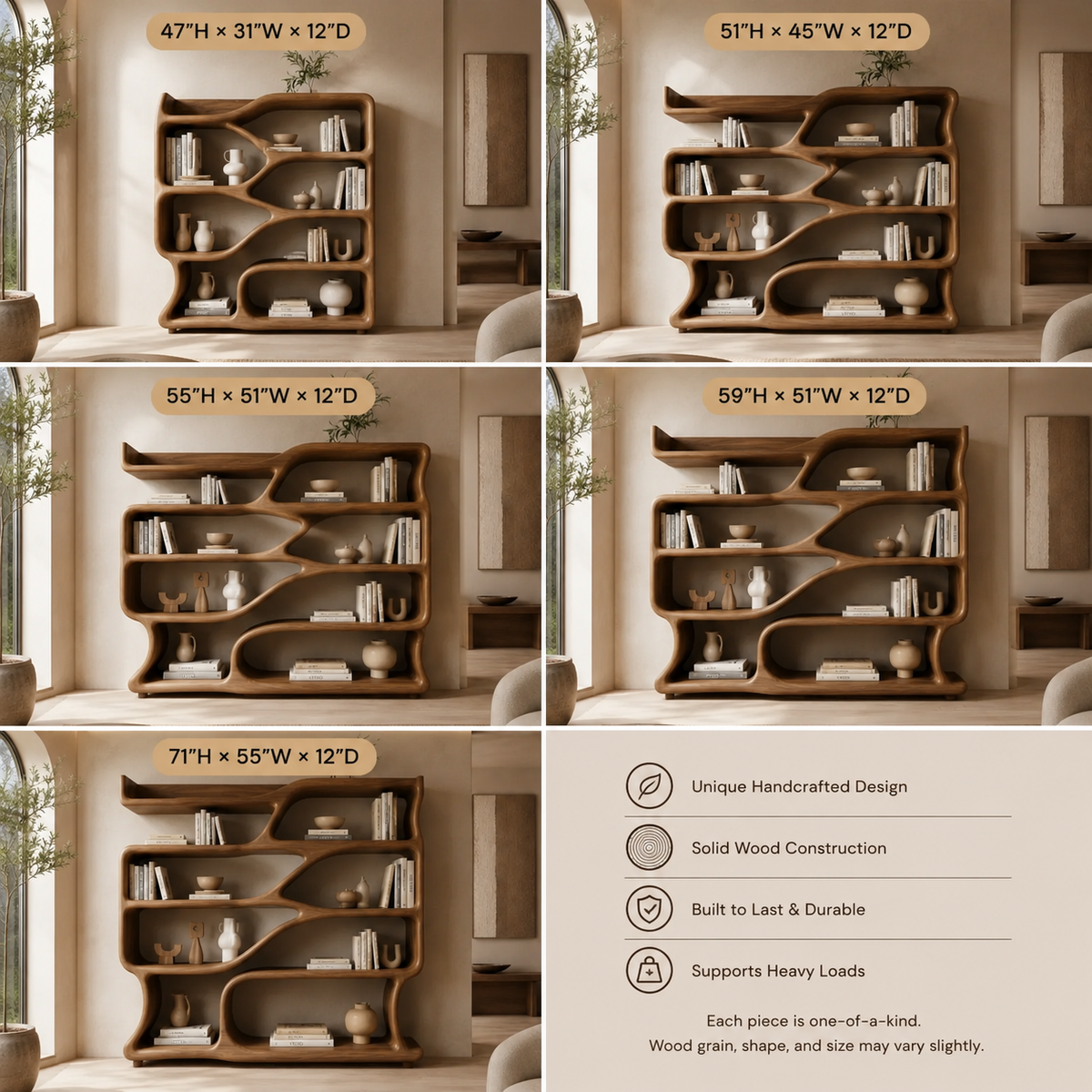 S-Shaped Bookcase – Sculptural Solid Wood Display Shelf