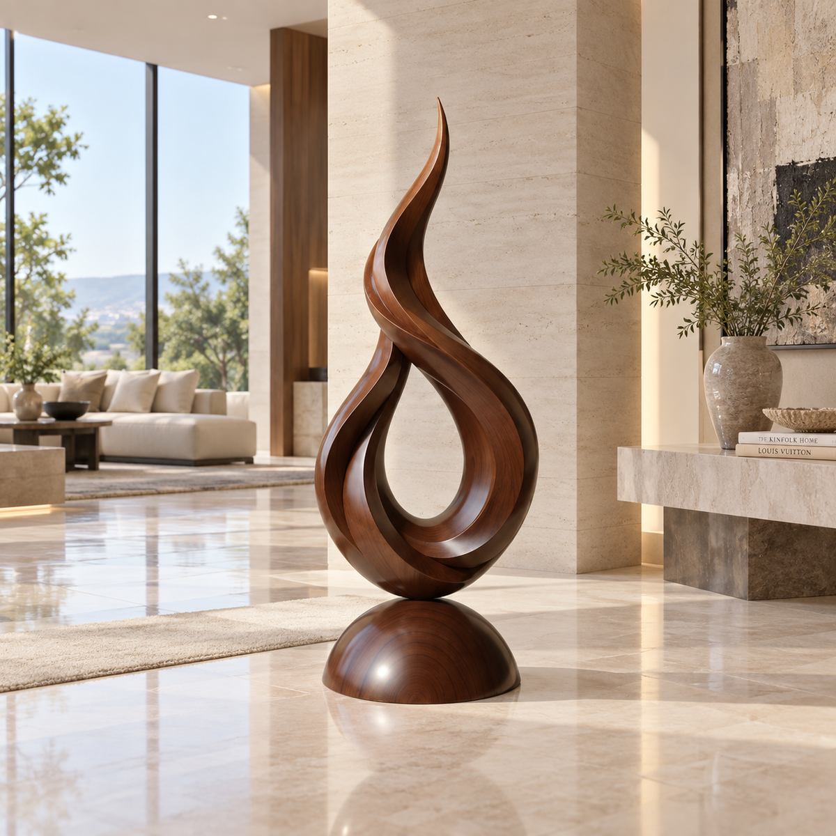 Sculptural Flame Loop Wood Floor Sculpture
