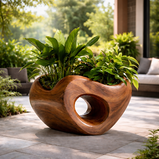 Modern Circular Wooden Planter with Lush Foliage – Artistic Home Décor Hover Image