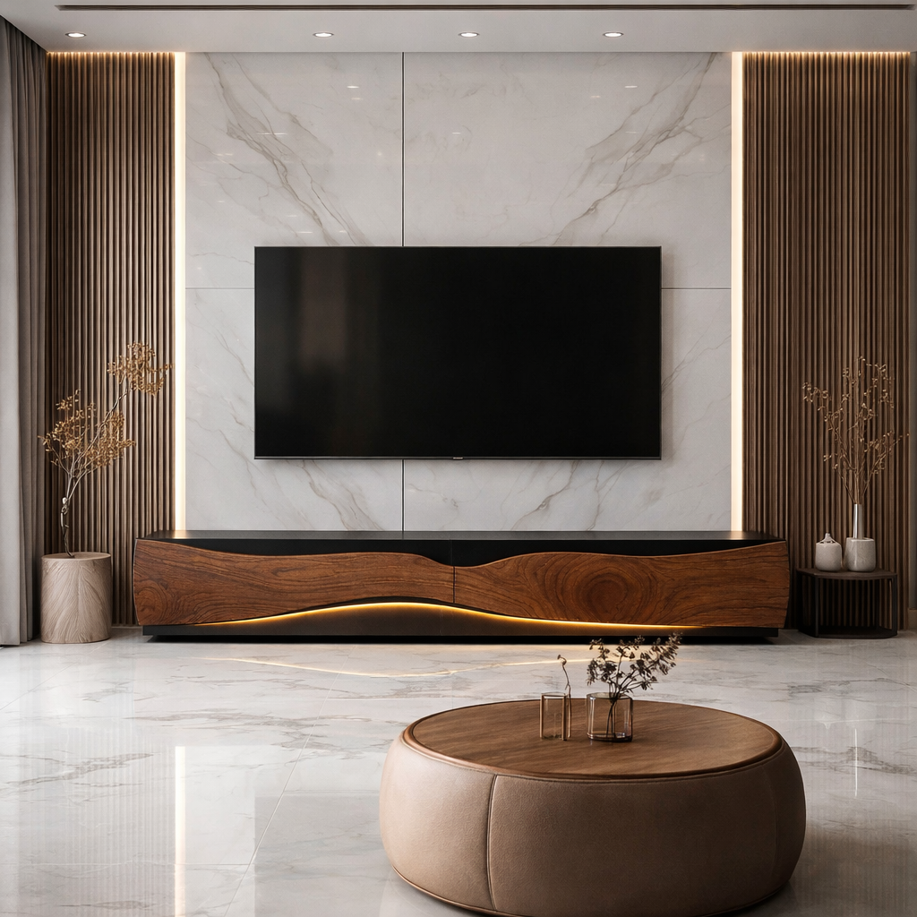 Solid Wood Wave Media Console – Sculptural Low-Profile TV Stand