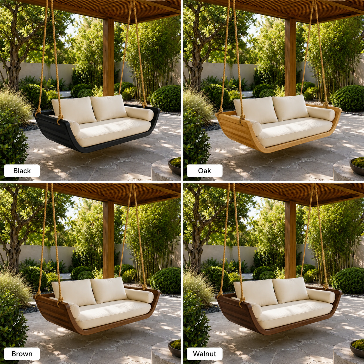 Wood Hanging Swing Sofa – Solid Wood Porch Swing with Cushions for Outdoor Decor