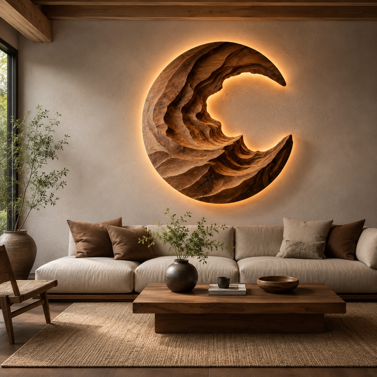 Round Wave Wood Wall Art – Solid Wood Backlit Wall Sculpture for Bedroom Decor