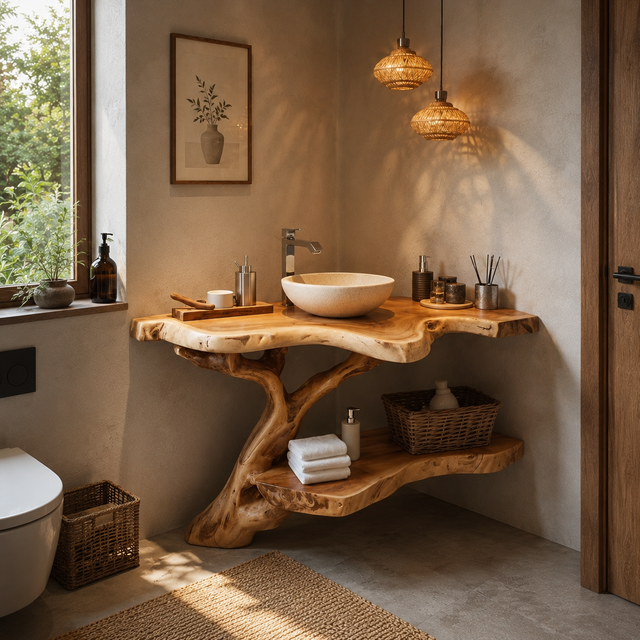Tree Root Bathroom Vanity Shelf – Handmade Solid Wood Floating Vanity for Organic Luxury Bathrooms