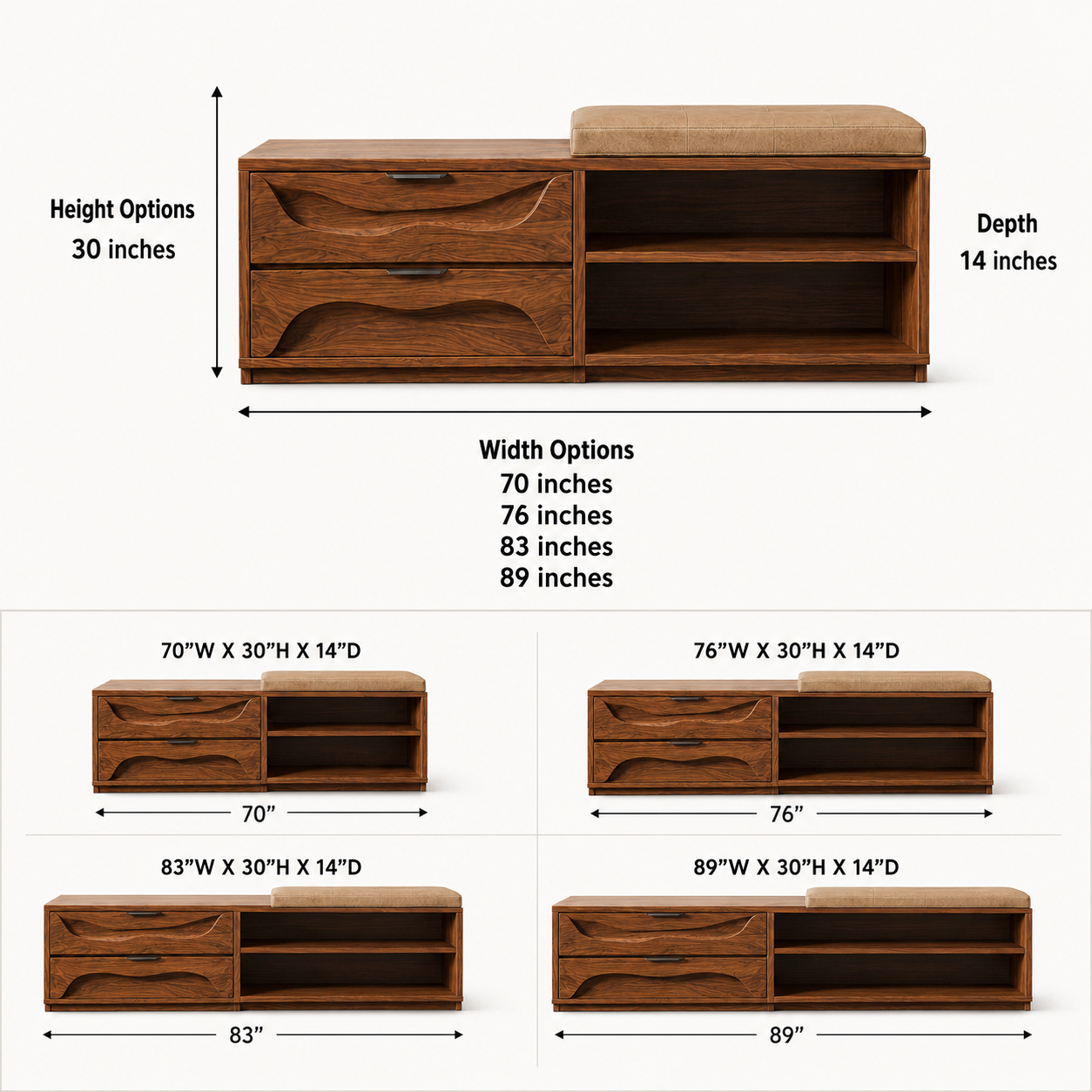 Wood Shoe Storage Bench – Solid Wood Entryway Bench with Drawers and Open Shoe Shelves
