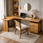 Solid Wood L-Shaped Corner Desk with Drawers for Home Office