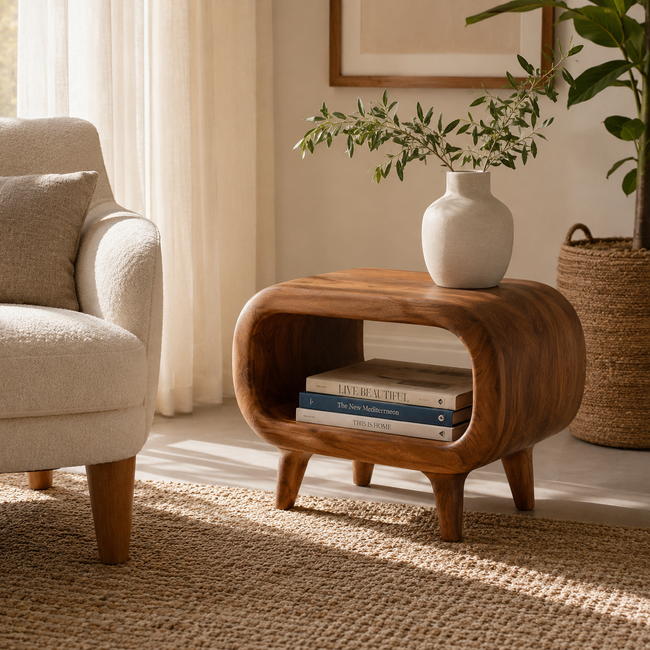 Curved Wood Side Table – Solid Wood End Table for Living Room Decor Hover Image