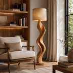 Sculptural Wood Floor Lamp – Solid Wood Standing Lamp with Fabric Shade for Living Room Decor
