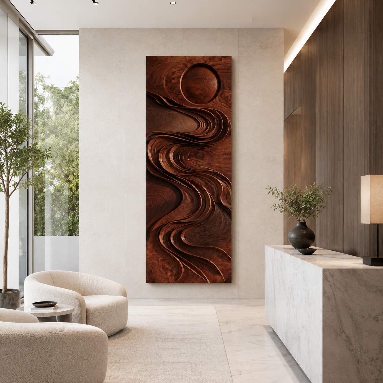 Carved Wood Wall Art – Solid Wood Vertical Wall Sculpture for Living Room Decor