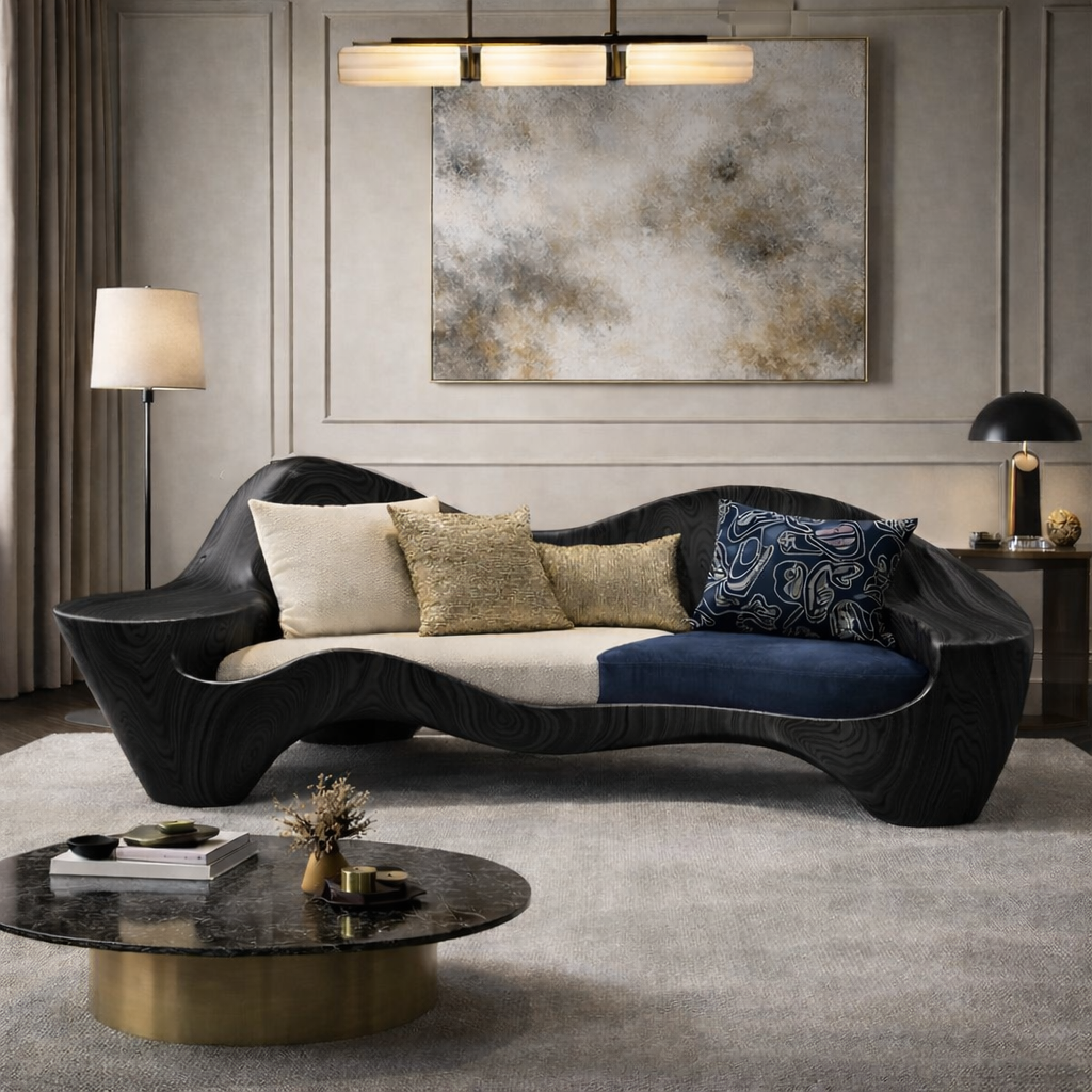 Solid Wood Curved Lounge Sofa – Sculptural Accent Sofa for Modern Interiors