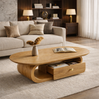 Solid Wood Coffee Table with Storage Drawer – Modern Rounded Design