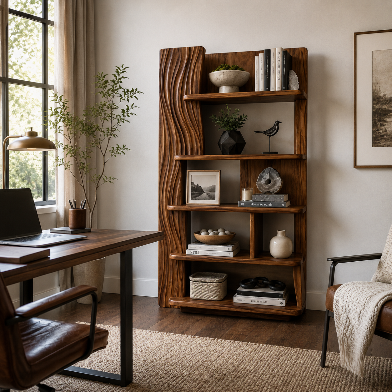 Sculptural Ripple Wood Bookshelf
